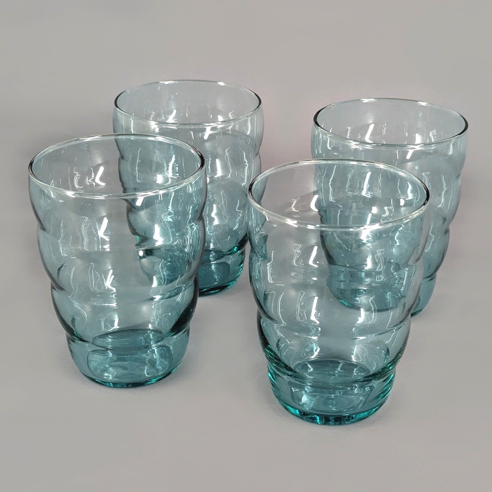 IKEA Turquoise Blue Wavy Glass Tumblers Set of 4 Made in France 18314 1515